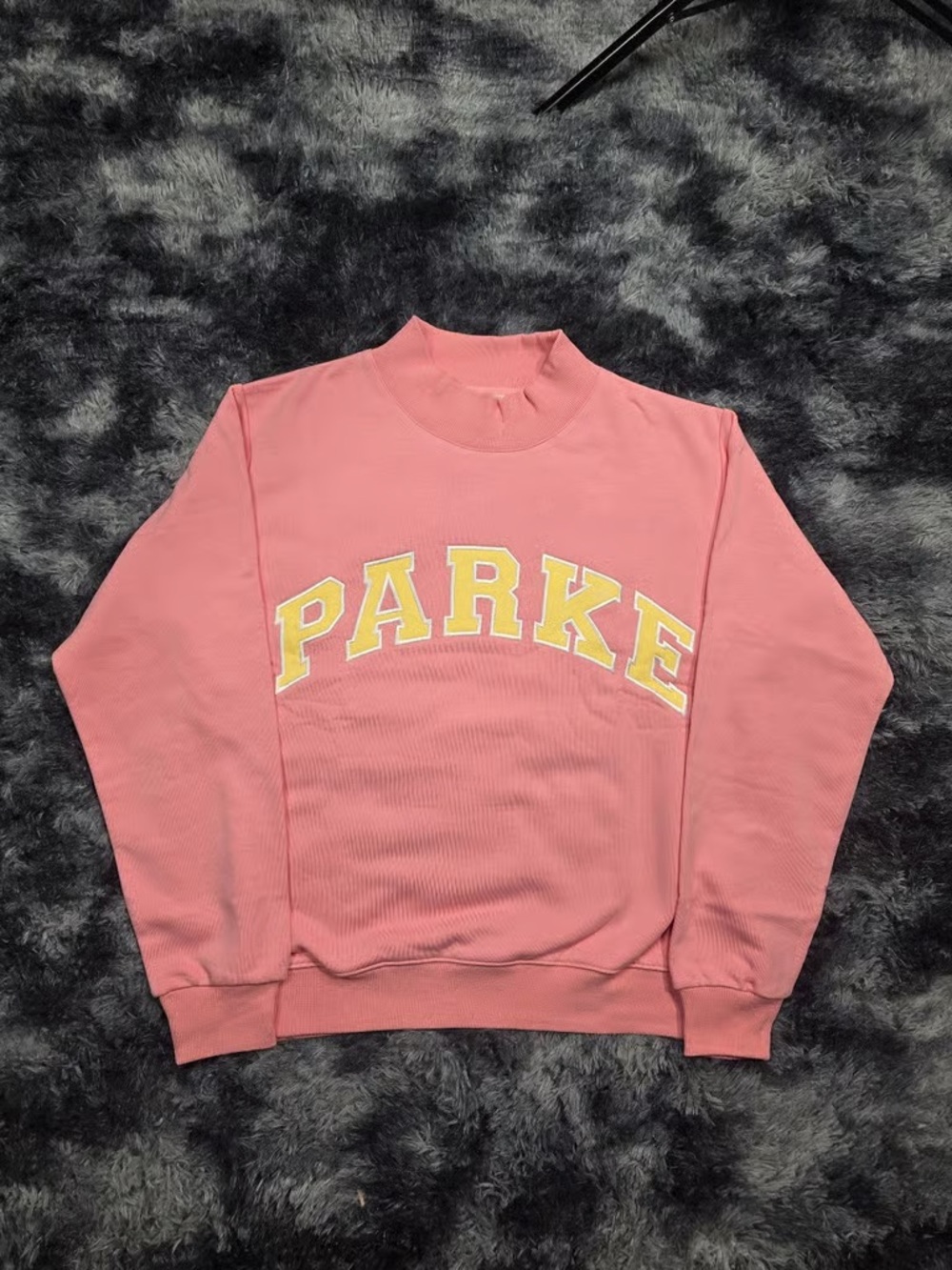 Parke Pink Mock Neck Sweatshirt with Yellow Lettering